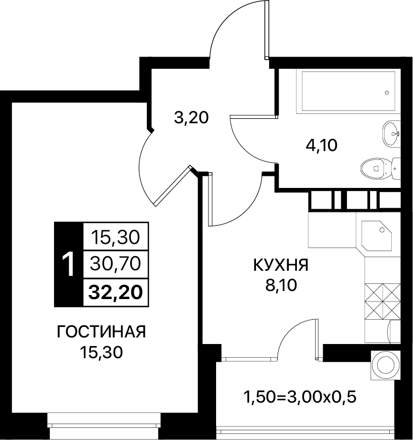 Планировка 1-комн. в ЖК «Полет»