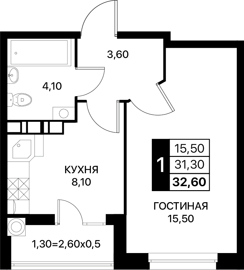 Планировка 1-комн. в ЖК «Полет»