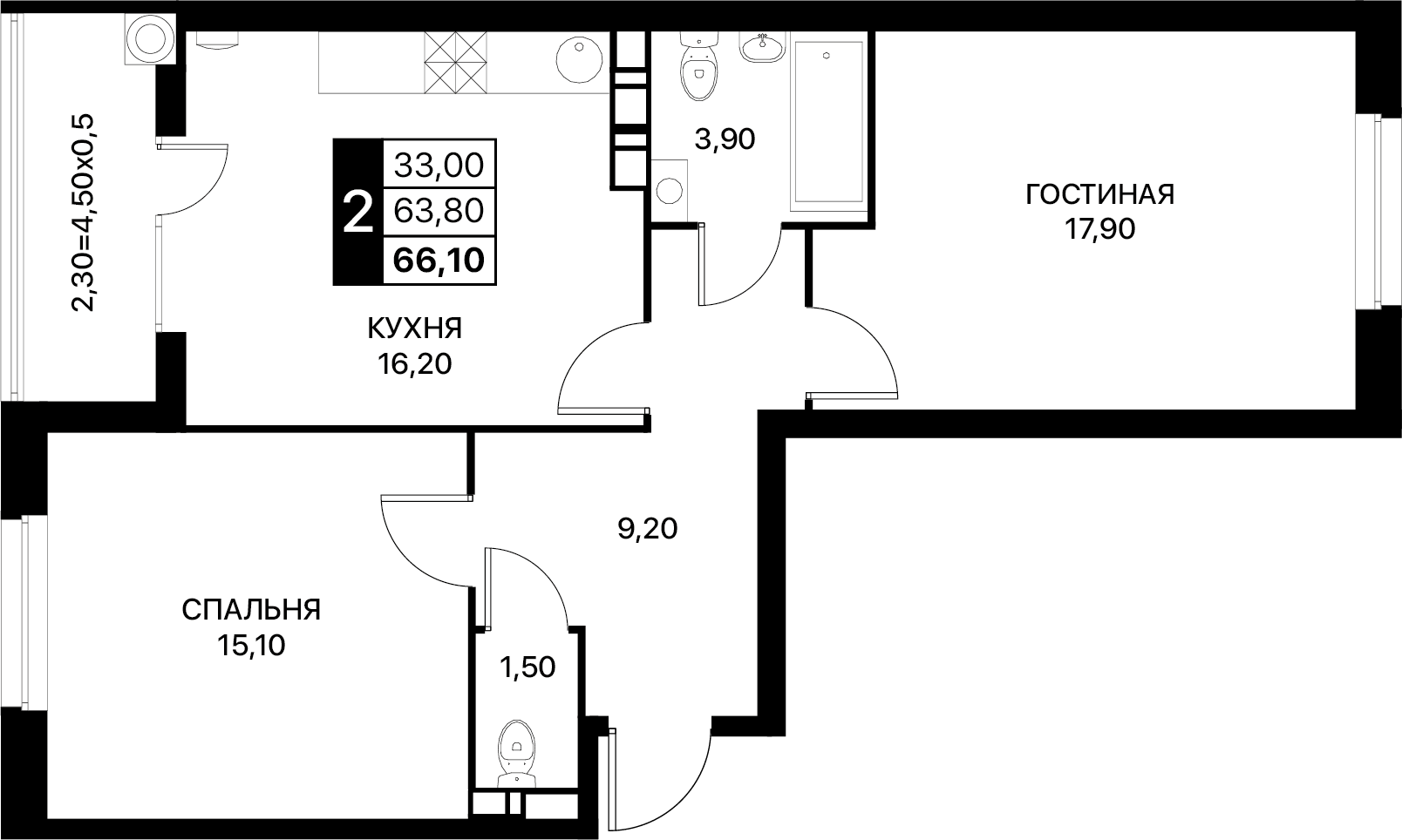 Планировка 2-комн. в ЖК «Полет»
