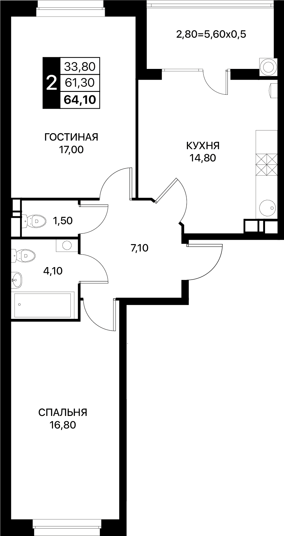 Планировка 2-комн. в ЖК «Полет»