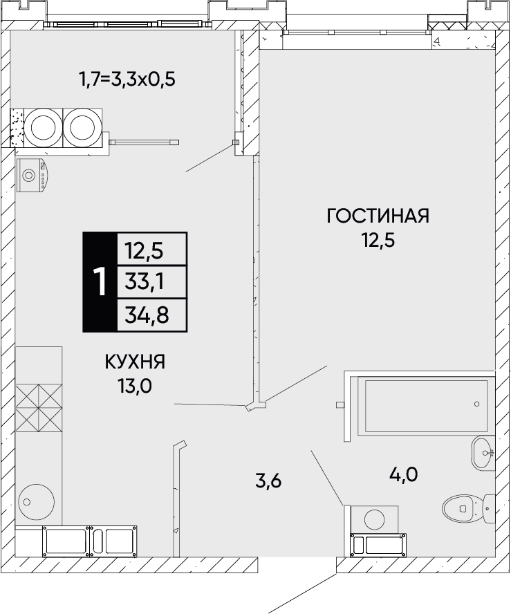 Планировка 1-комн. в ЖК «Левобережье»