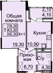 Планировка 1-комн. в ЖК «Созвездие»