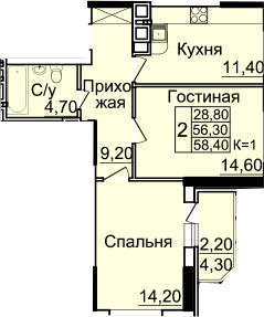 Планировка 2-комн. в ЖК «Созвездие»