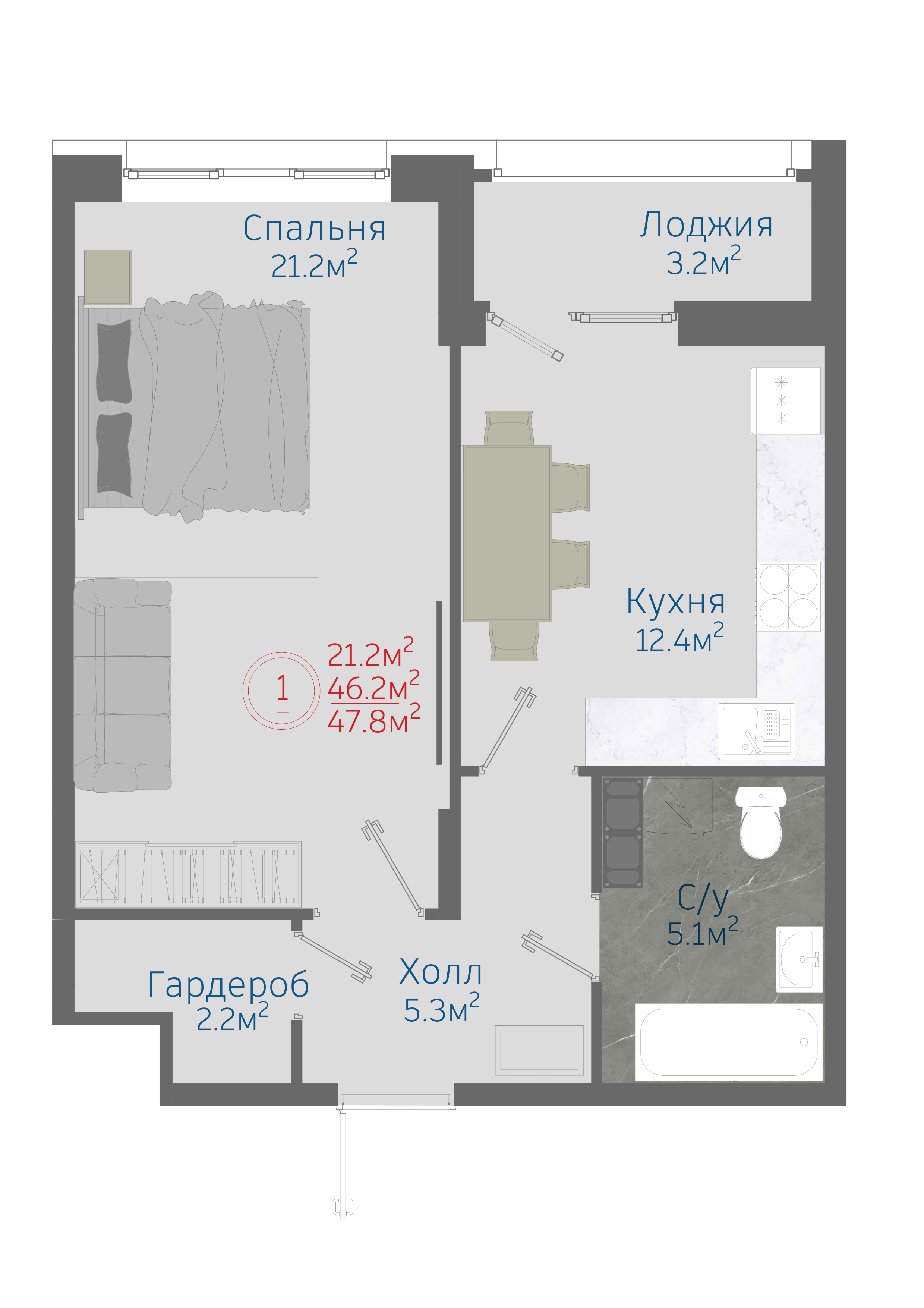 Планировка 1-комн. в ЖК «Матрешка»
