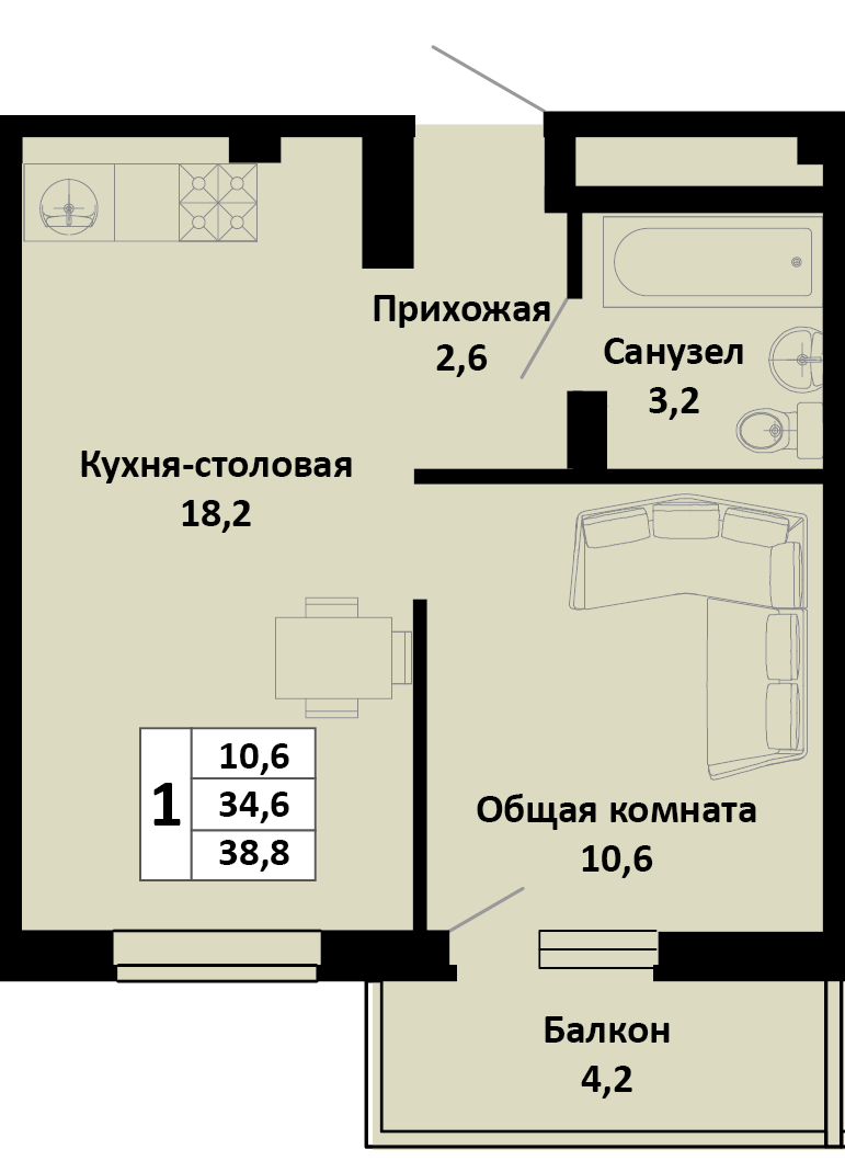 Планировка 1-комн. в ЖК «Южные соседи»