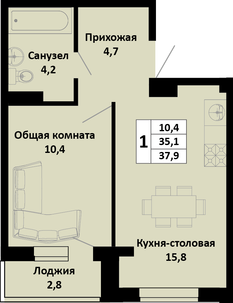 Планировка 1-комн. в ЖК «Южные соседи»