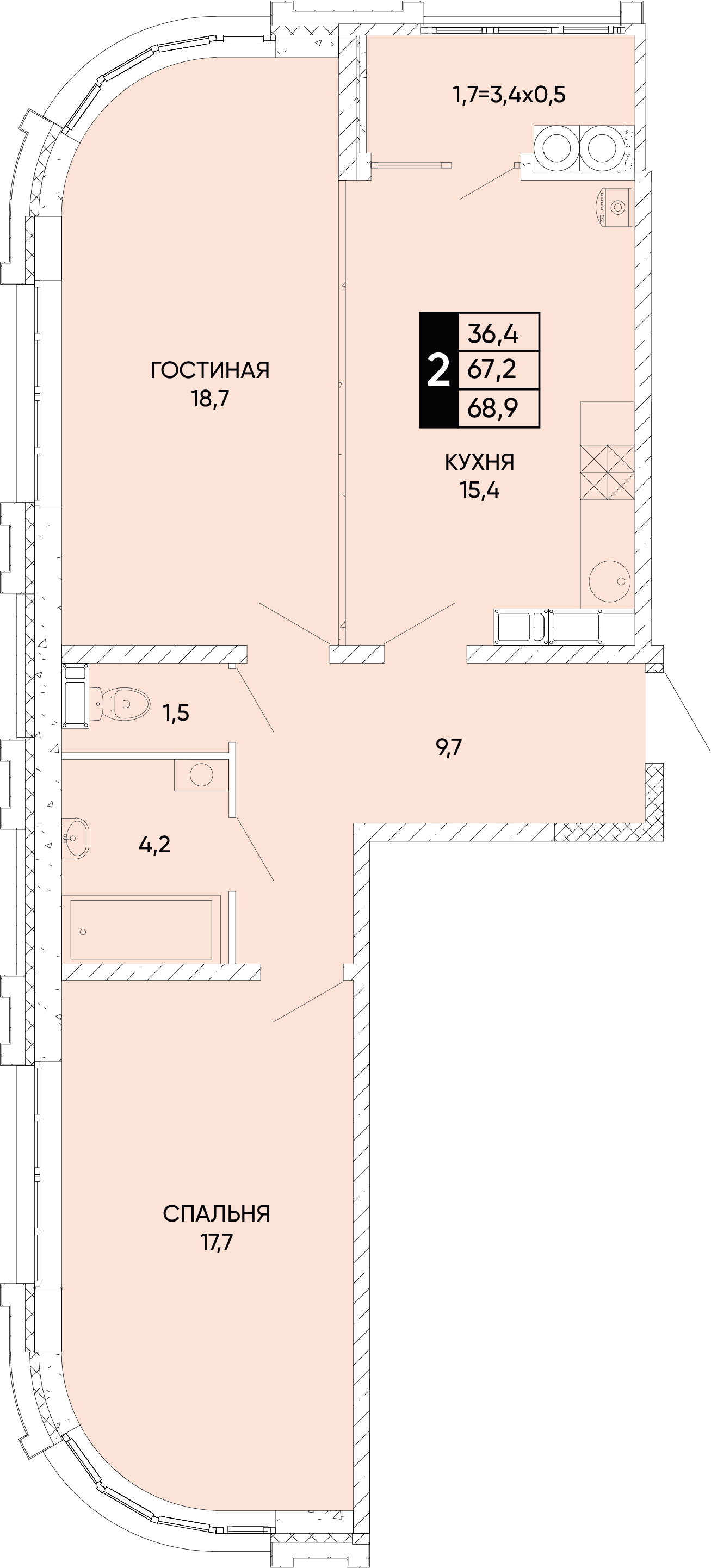 Планировка 2-комн. в ЖК «Левобережье»