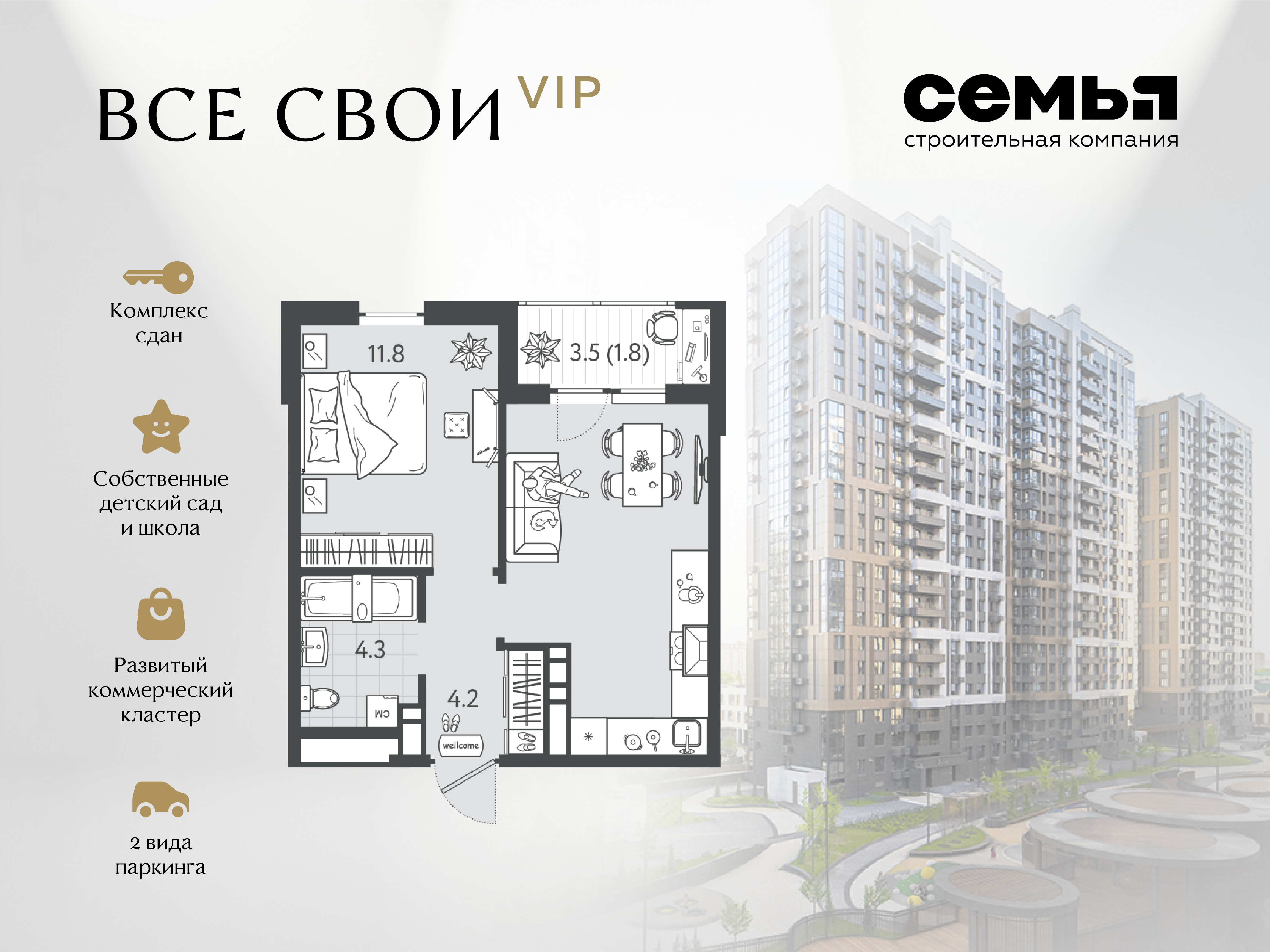 Планировка 1-комн. в ЖК «Все свои»