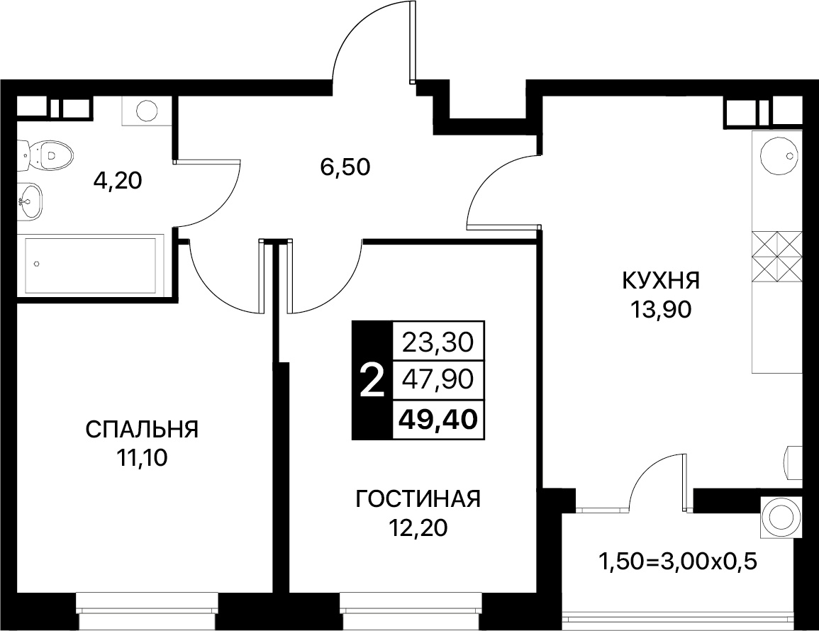 Планировка 2-комн. в ЖК «Полет»