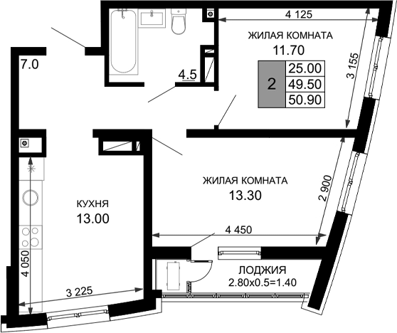 Планировка 2-комн. в ЖК «Фонтаны»