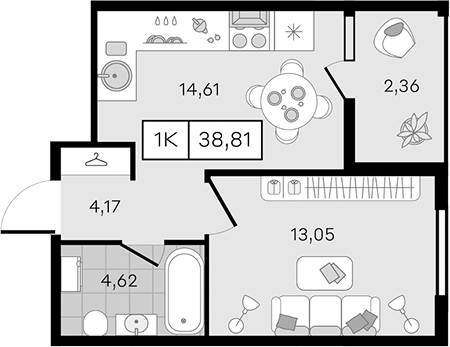 Планировка 1-комн. в ЖК «Новые сезоны 2»