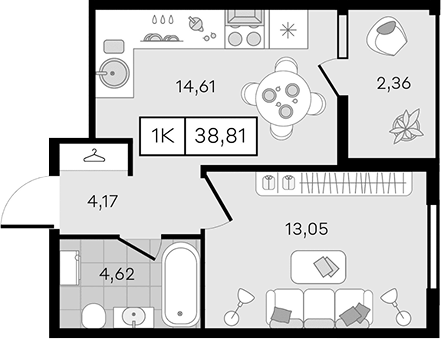 Планировка 1-комн. в ЖК «Новые сезоны 2»