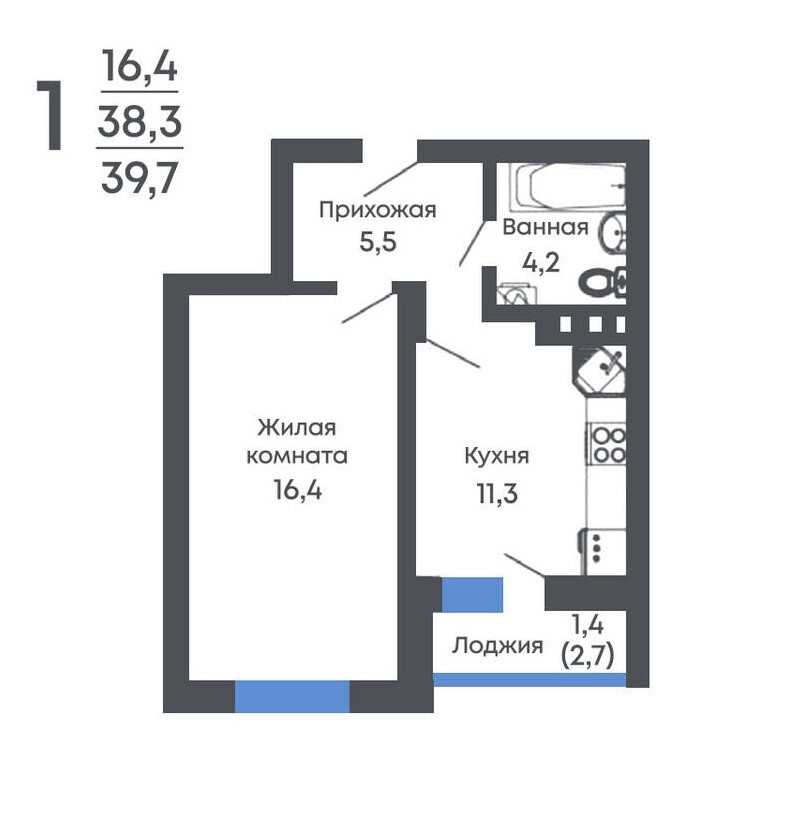 Планировка 1-комн. в ЖК «Рамонь парк»