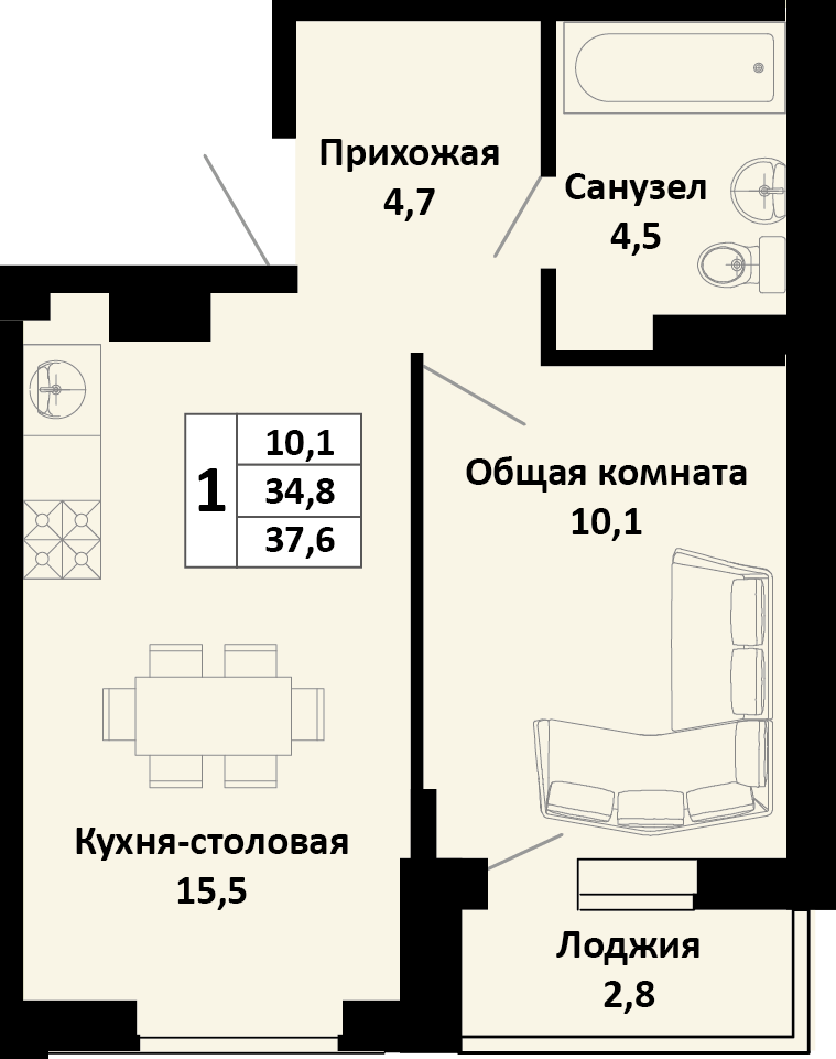 Планировка 1-комн. в ЖК «Южные соседи»