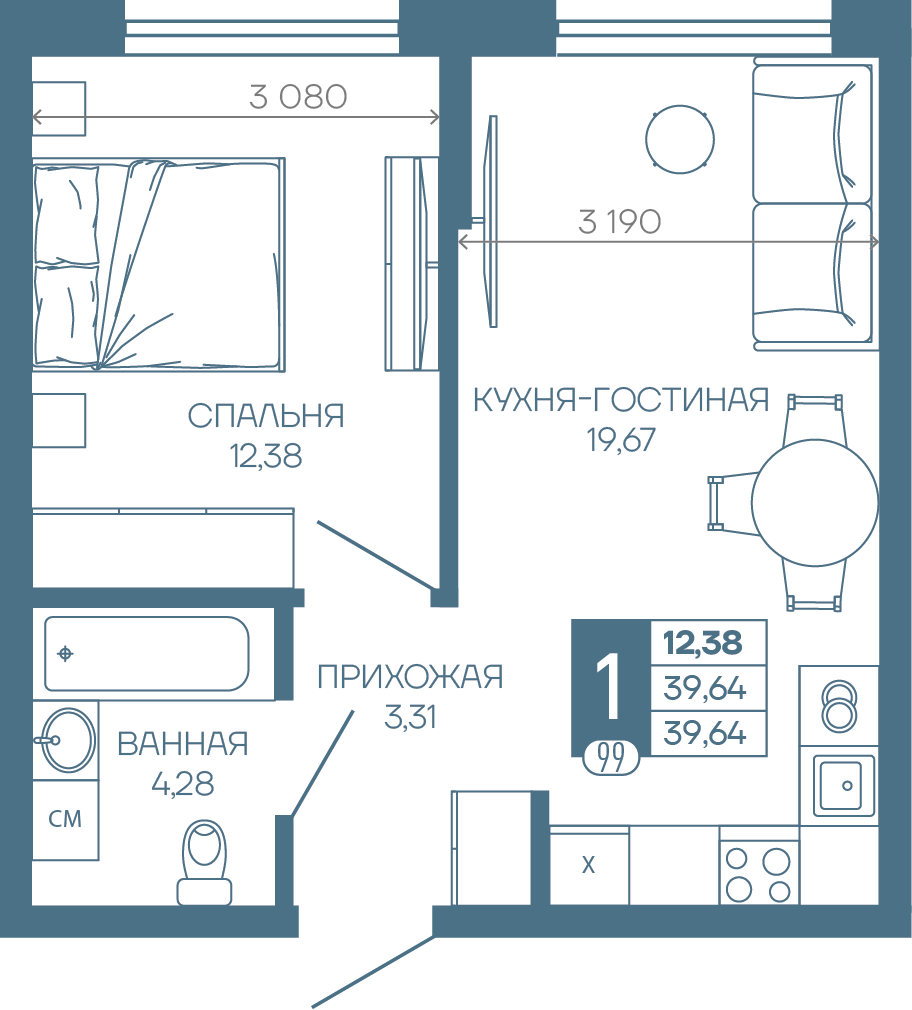 Планировка 1-комн. в ЖК «Иначе в Молодежном»