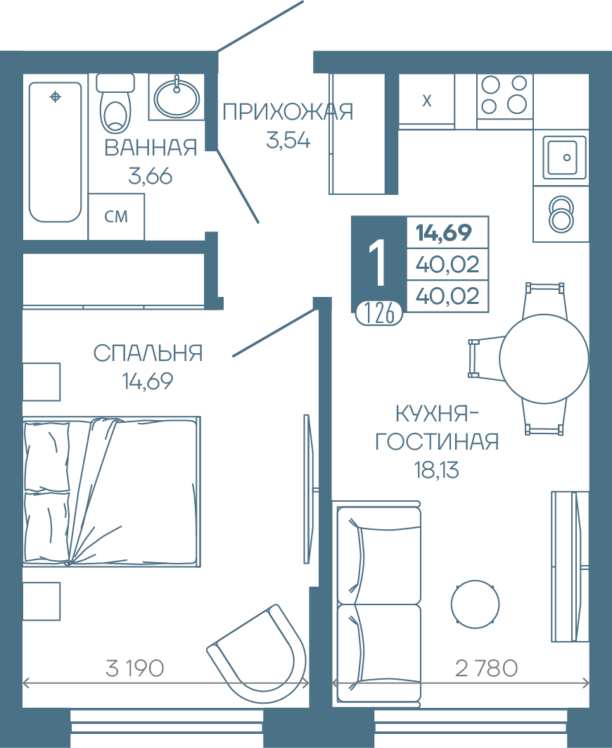 Планировка 1-комн. в ЖК «Иначе в Молодежном»