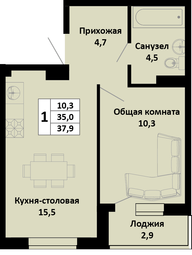 Планировка 1-комн. в ЖК «Южные соседи»