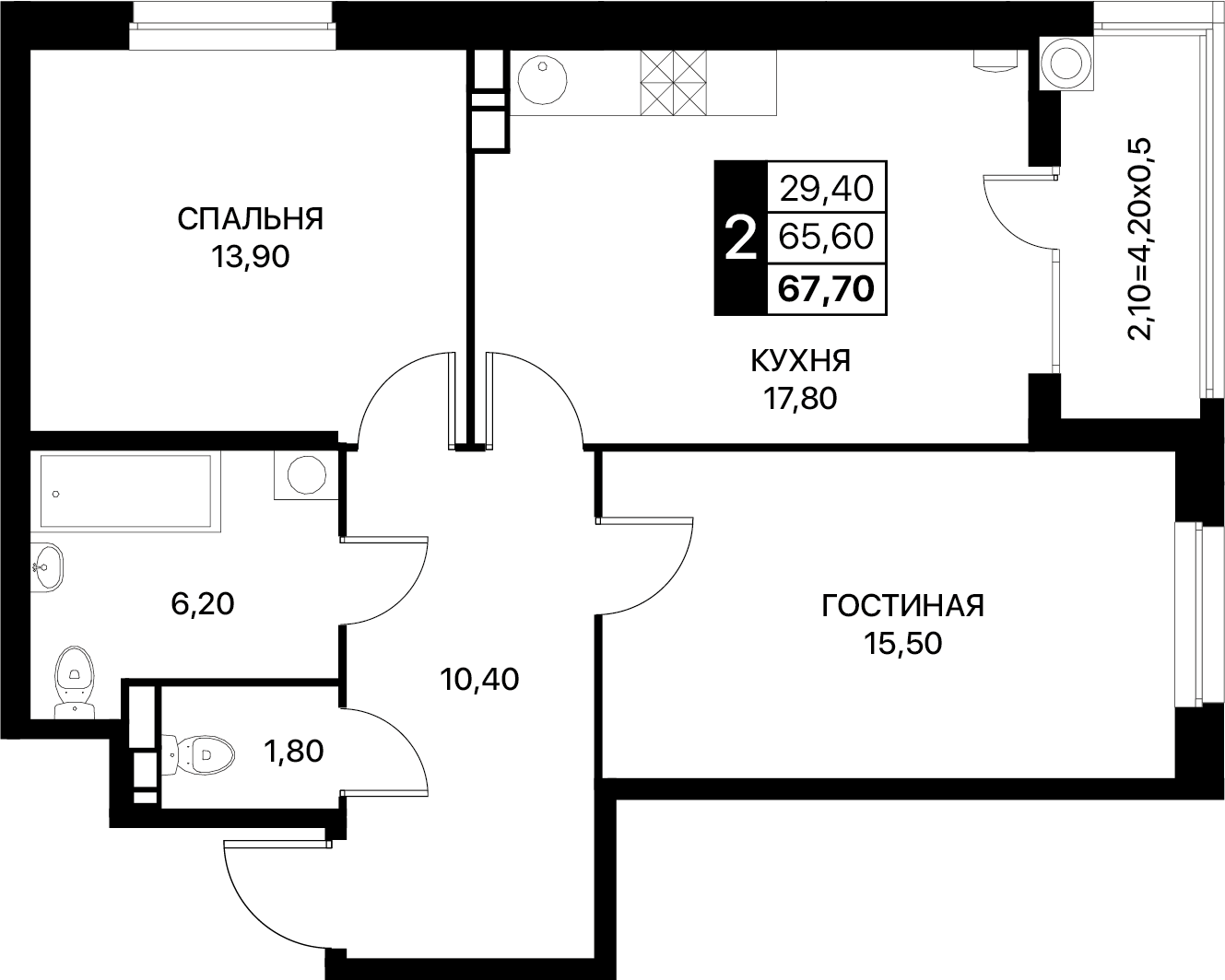 Планировка 2-комн. в ЖК «Полет»