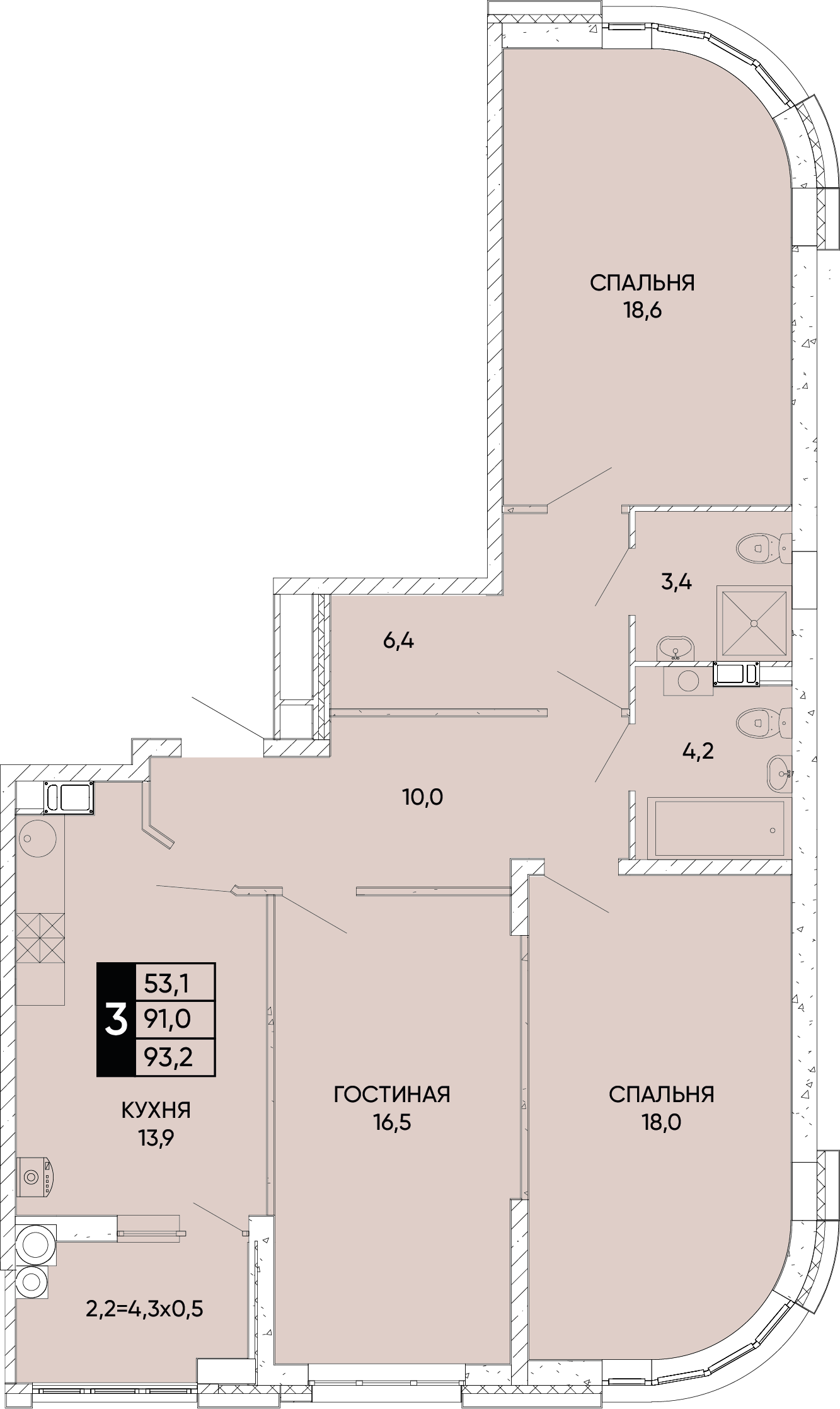 Планировка 3-комн. в ЖК «Левобережье»