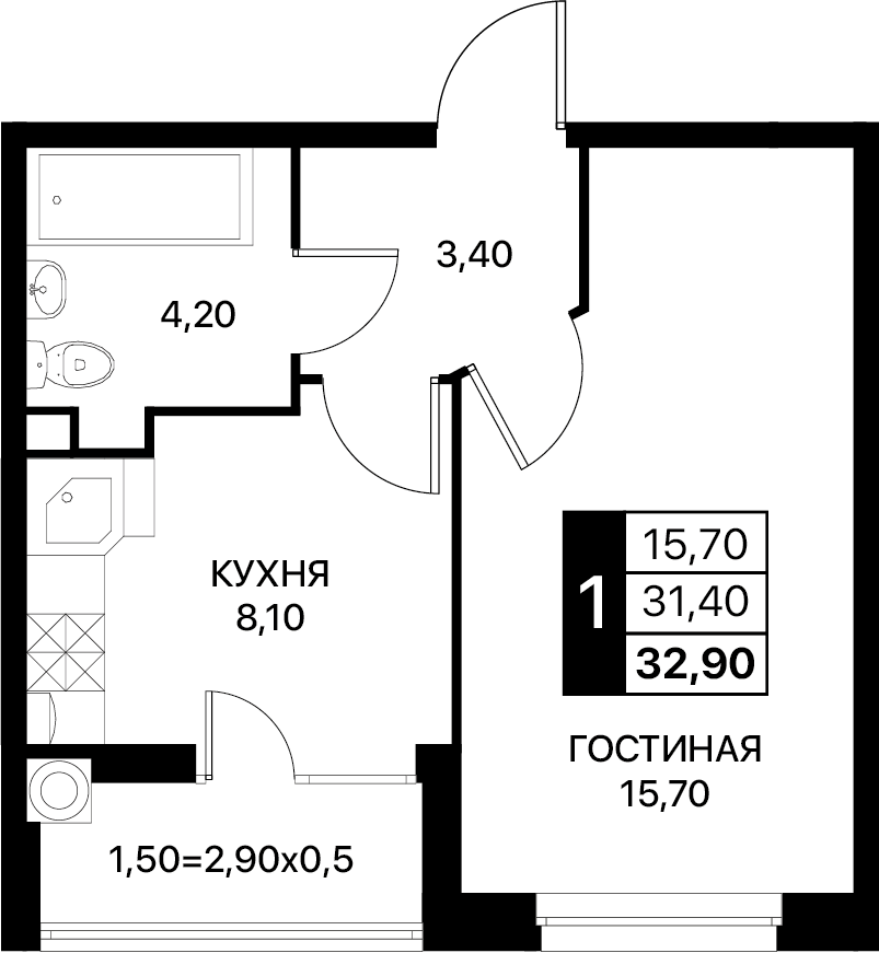 Планировка 1-комн. в ЖК «Полет»