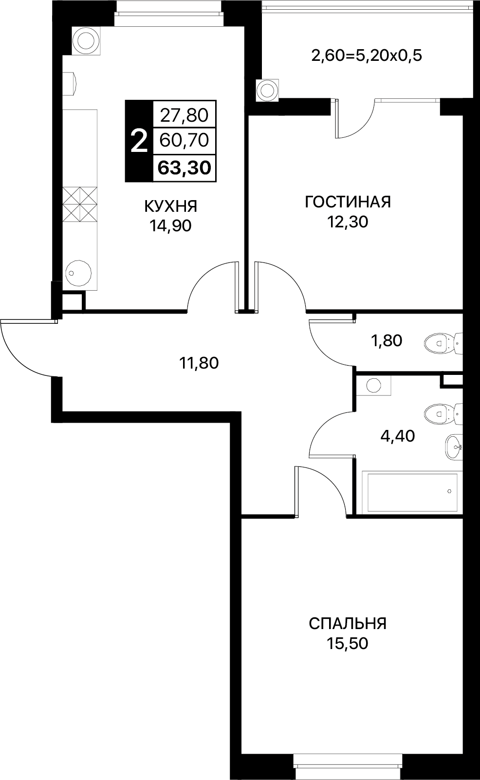Планировка 2-комн. в ЖК «Полет»