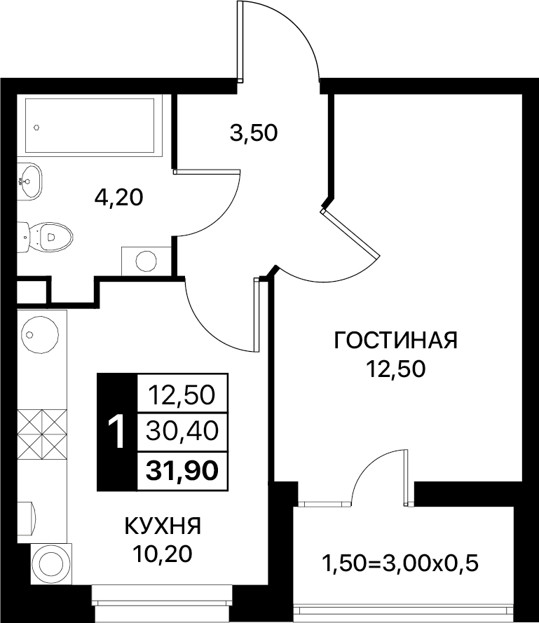 Планировка 1-комн. в ЖК «Полет»