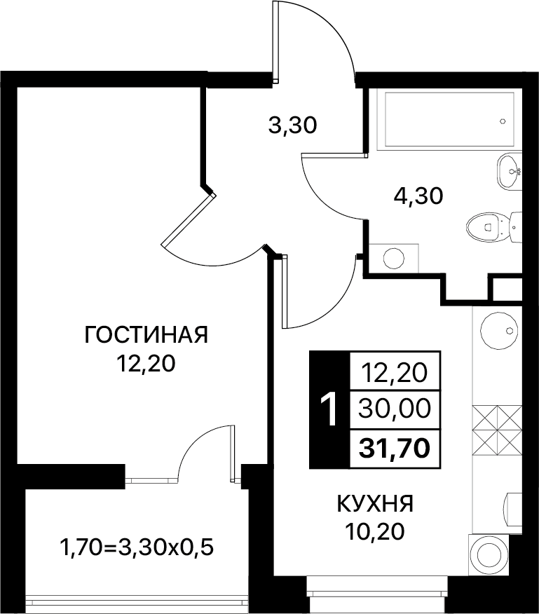 Планировка 1-комн. в ЖК «Полет»