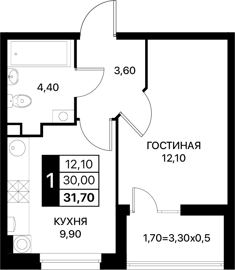 Планировка 1-комн. в ЖК «Полет»