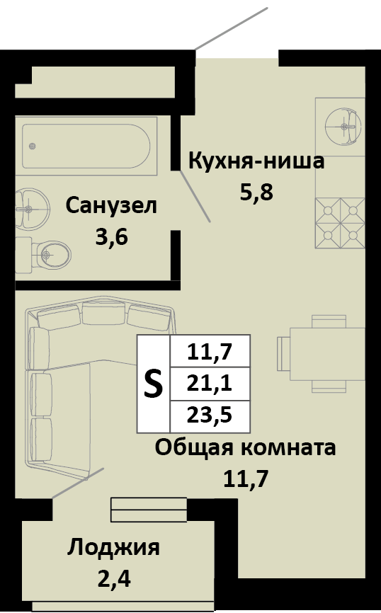 Планировка 1-комн. в ЖК «Южные соседи»