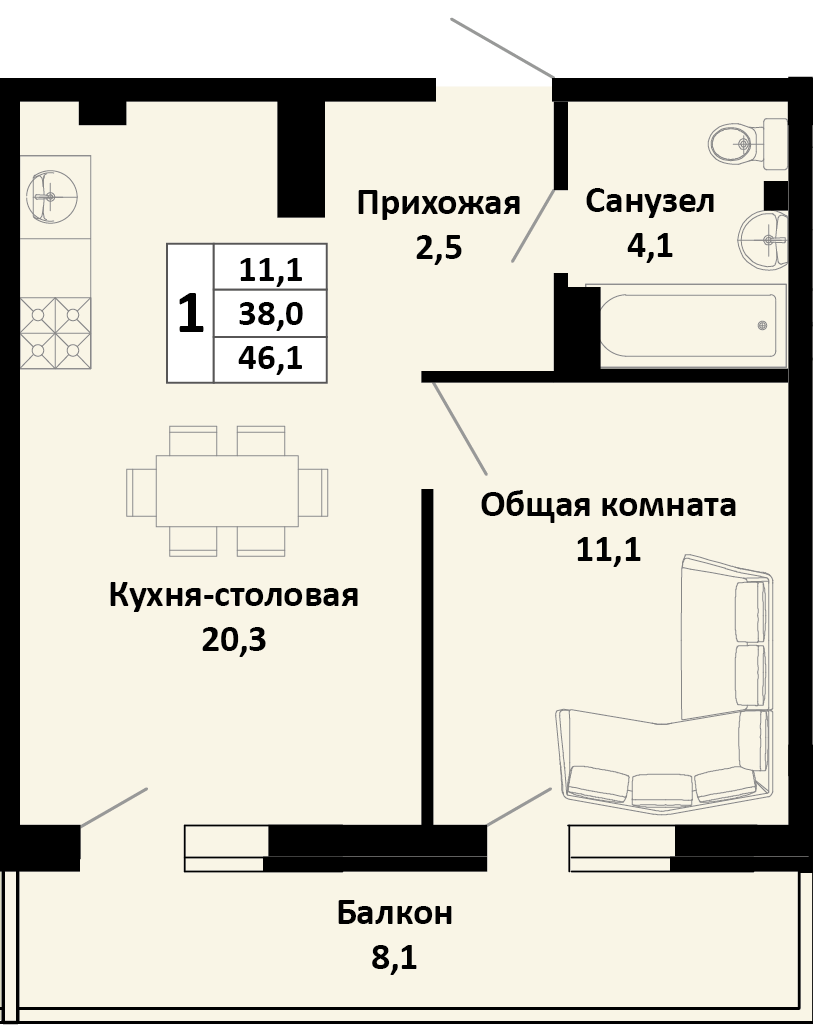Планировка 1-комн. в ЖК «Южные соседи»