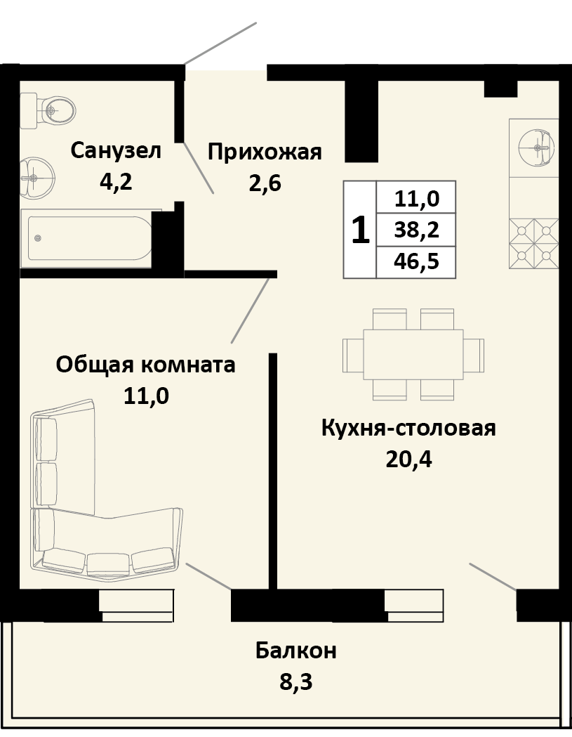 Планировка 1-комн. в ЖК «Южные соседи»