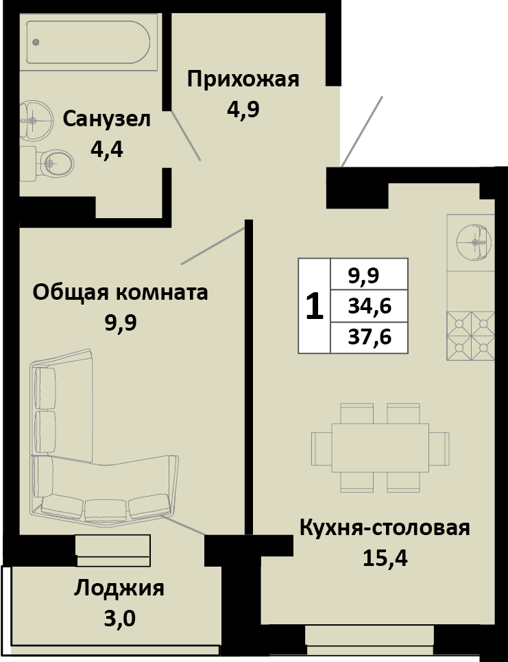 Планировка 1-комн. в ЖК «Южные соседи»