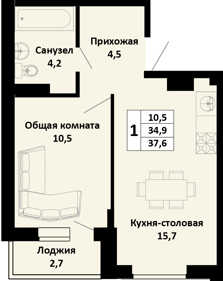 Планировка 1-комн. в ЖК «Южные соседи»