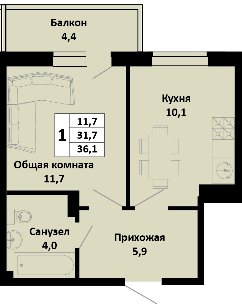Планировка 1-комн. в ЖК «Южные соседи»