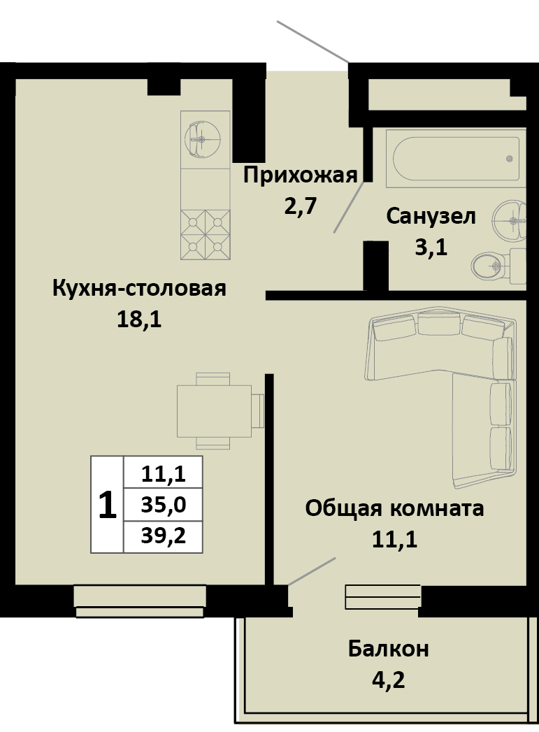 Планировка 1-комн. в ЖК «Южные соседи»