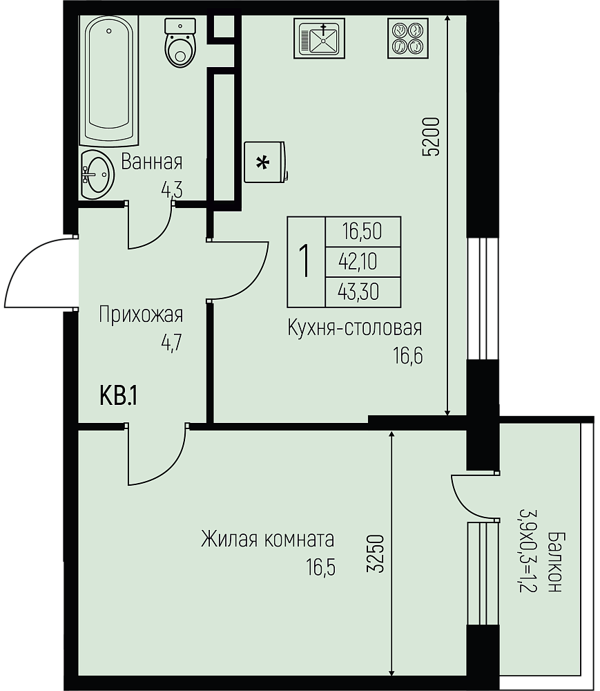 Планировка 1-комн. в ЖК «Nova Vita»