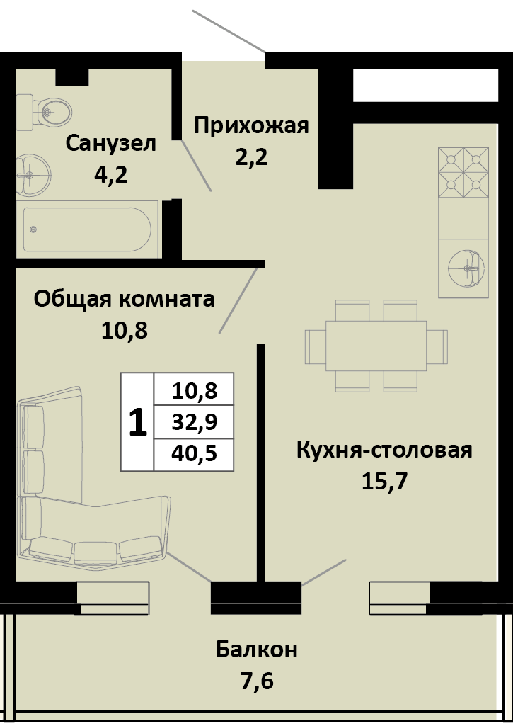 Планировка 1-комн. в ЖК «Южные соседи»