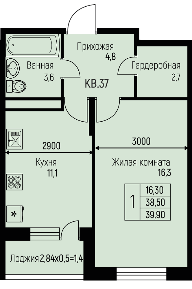 Планировка 1-комн. в ЖК «Nova Vita»