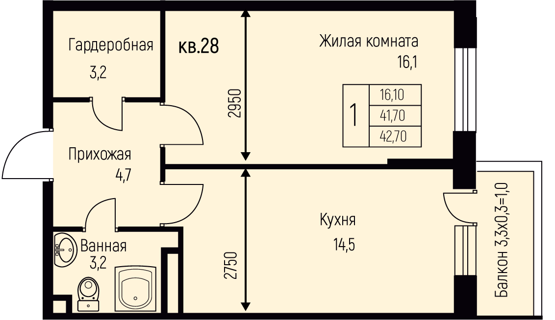 Планировка 1-комн. в ЖК «Nova Vita»
