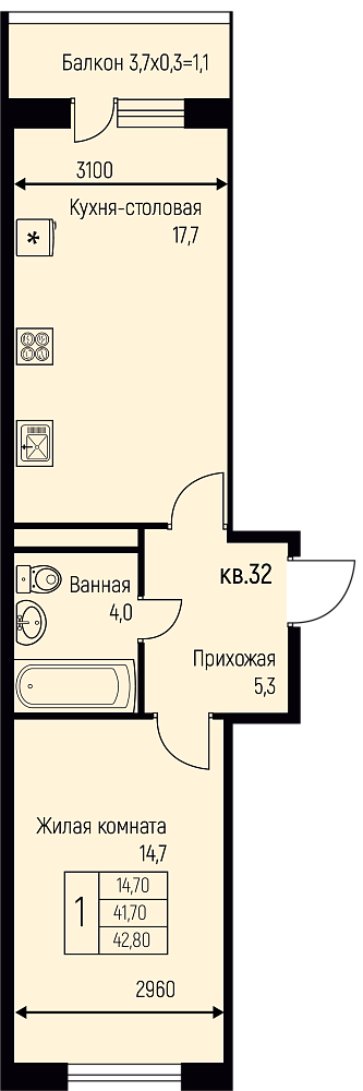 Планировка 1-комн. в ЖК «Nova Vita»