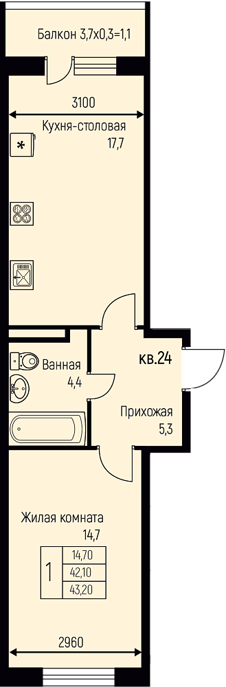Планировка 1-комн. в ЖК «Nova Vita»