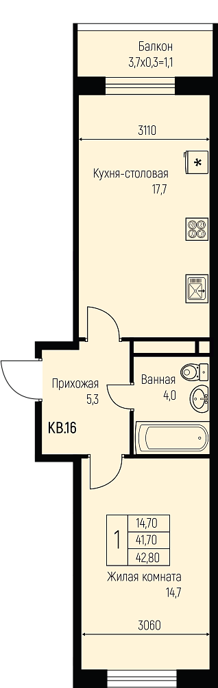 Планировка 1-комн. в ЖК «Nova Vita»
