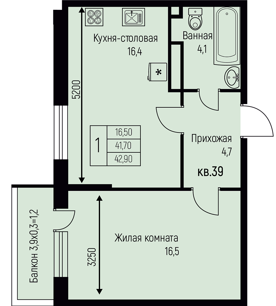 Планировка 1-комн. в ЖК «Nova Vita»