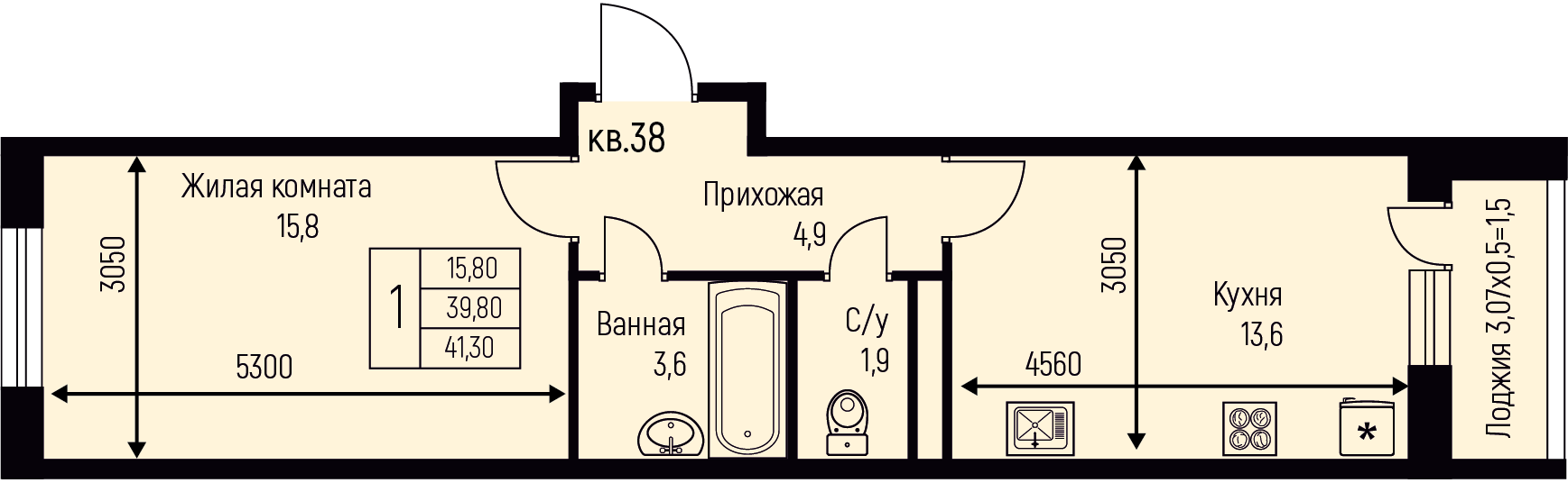 Планировка 1-комн. в ЖК «Nova Vita»