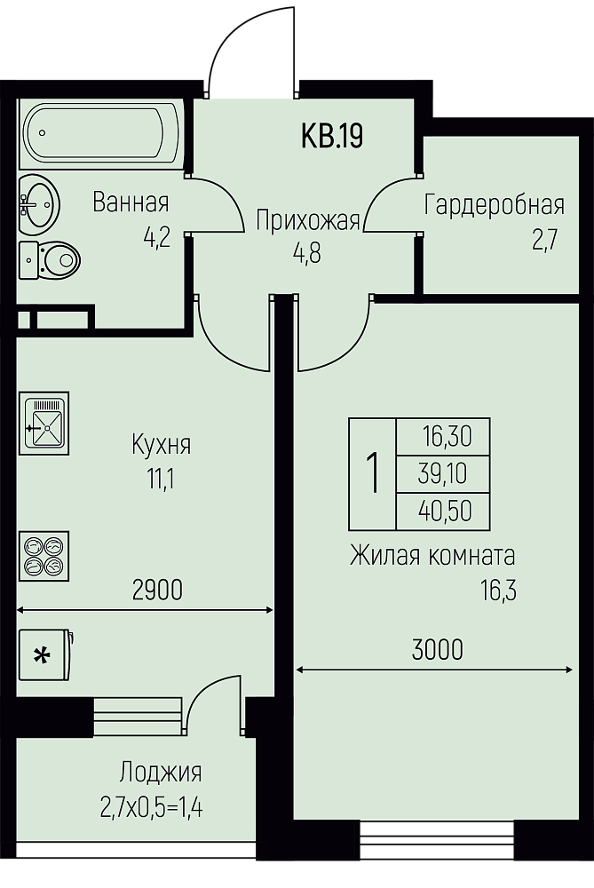 Планировка 1-комн. в ЖК «Nova Vita»