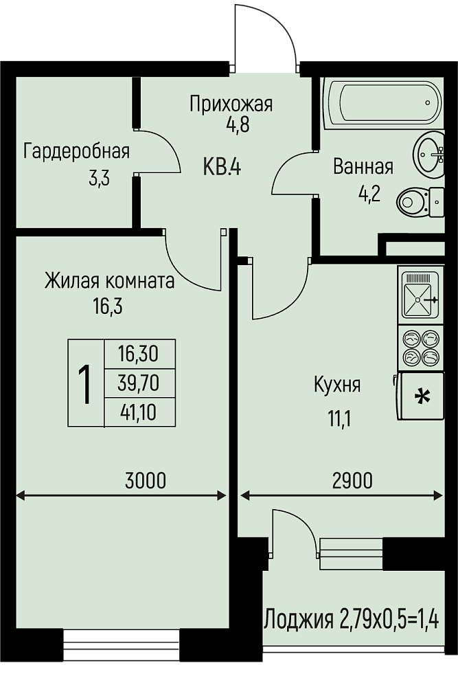 Планировка 1-комн. в ЖК «Nova Vita»