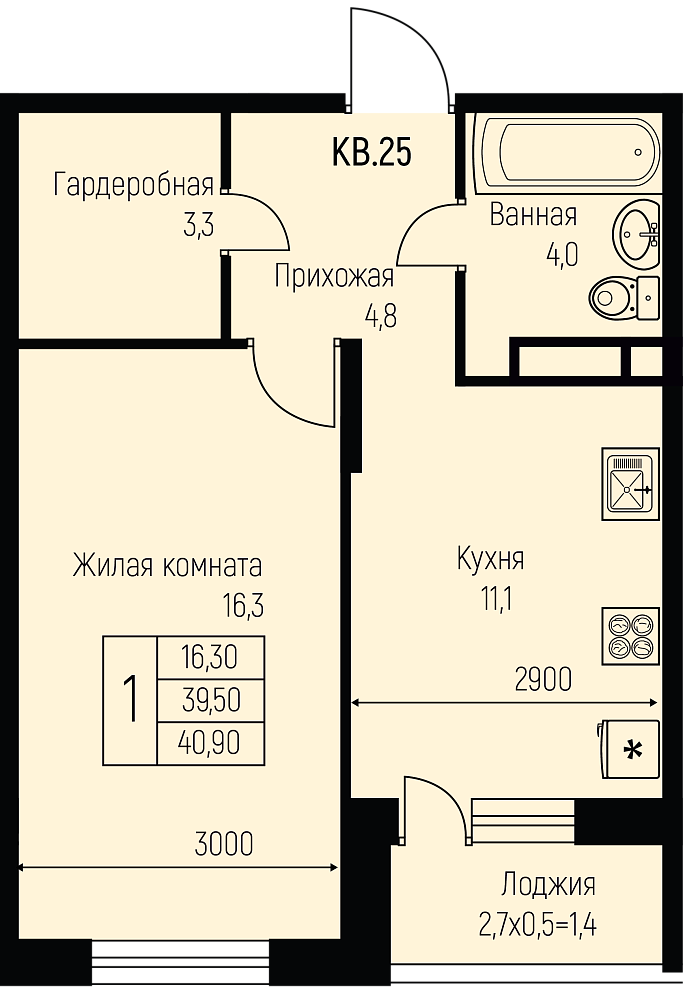 Планировка 1-комн. в ЖК «Nova Vita»