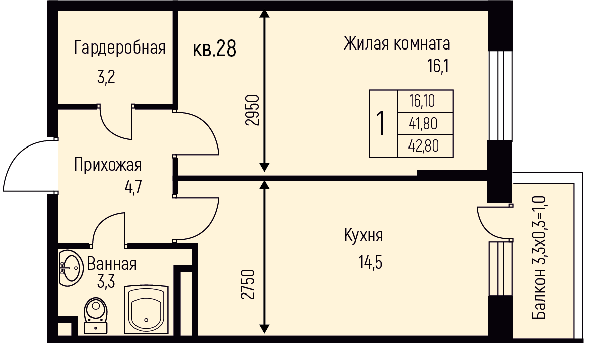Планировка 1-комн. в ЖК «Nova Vita»