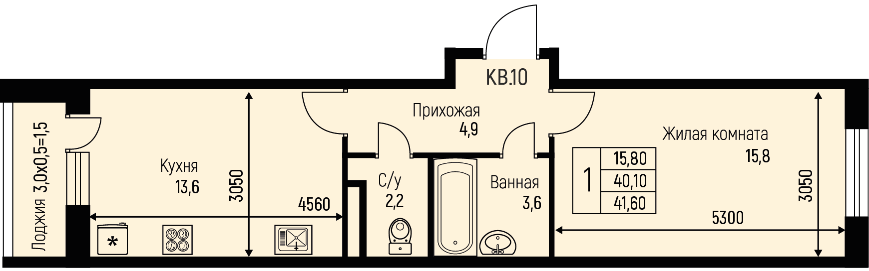 Планировка 1-комн. в ЖК «Nova Vita»