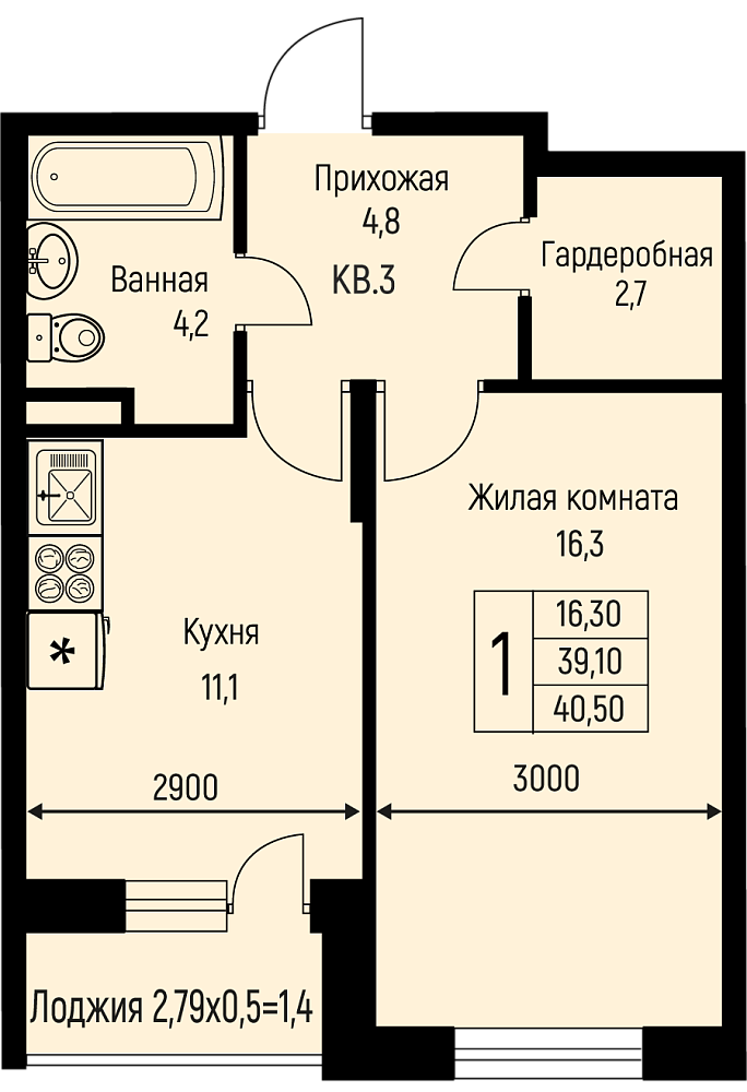 Планировка 1-комн. в ЖК «Nova Vita»